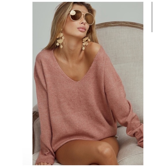 BiBi Sweaters - 132 BiBi oversized loose fit deep u neck sweater top in Marsala